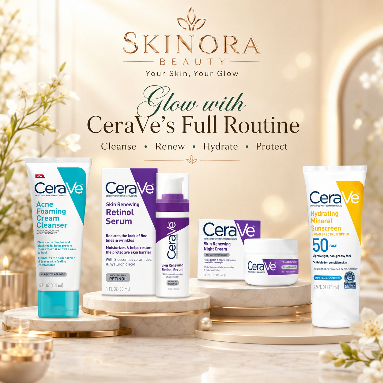 CeraVe 4-in-1 Skincare Kit: Night Cream, Sunblock, Cleanser & Serum for Radiant Skin